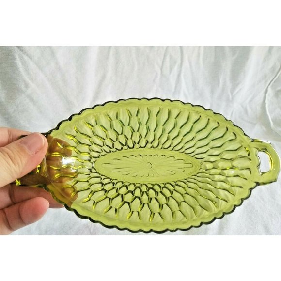 Vintage Dark Green Depression Glass Oval Pickle Dish w/ handles 8.5" long - Picture 3 of 6